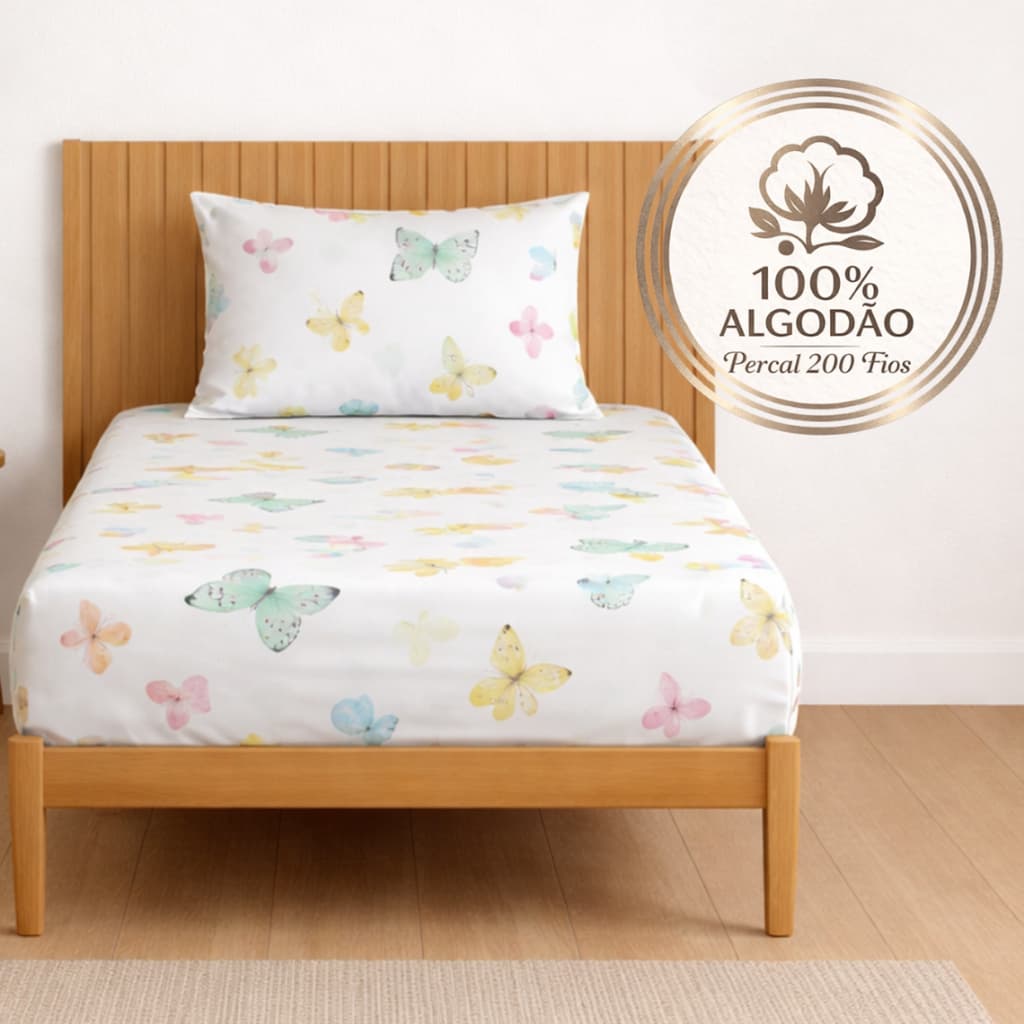 Jogo Lençol Estampado Casal Solteiro 100% Algodão Percal 200 Fios Borboleta Elástico e Fronha