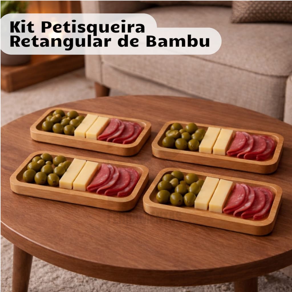 Kit Petisqueira de Bambu Retangular Bandeja Servir Petiscos Queijos e Frios 26cm Natural