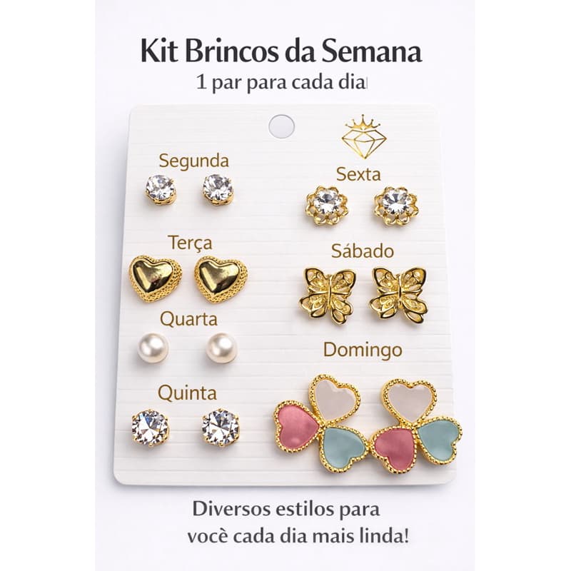 Kit Brincos da Semana 7 Pares Feminino Folheado Delicado Strass Pérola Moda Dia a Dia Presente Feminino