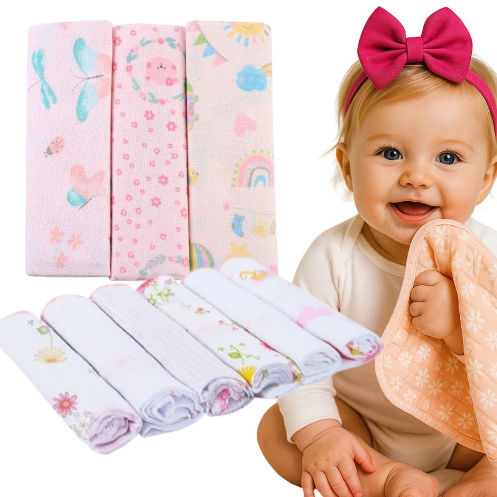 Kit Cueiro Estampado de Bebê c/ 6 Paninho de Boca Babete 100%Algodão