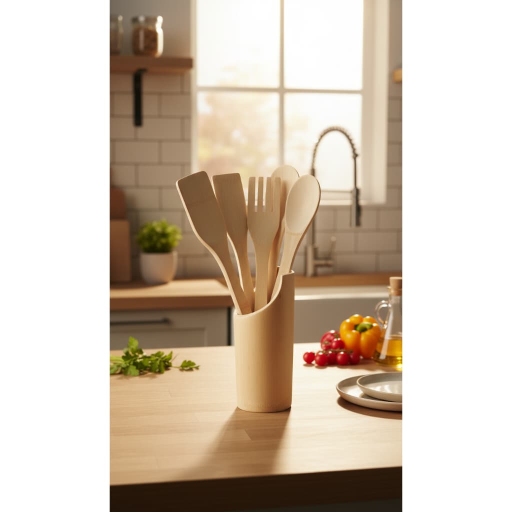 Kit Utensílios Cozinha Bambu 5 Peças Sustentável Durável Design Moderno Prático Ecológico