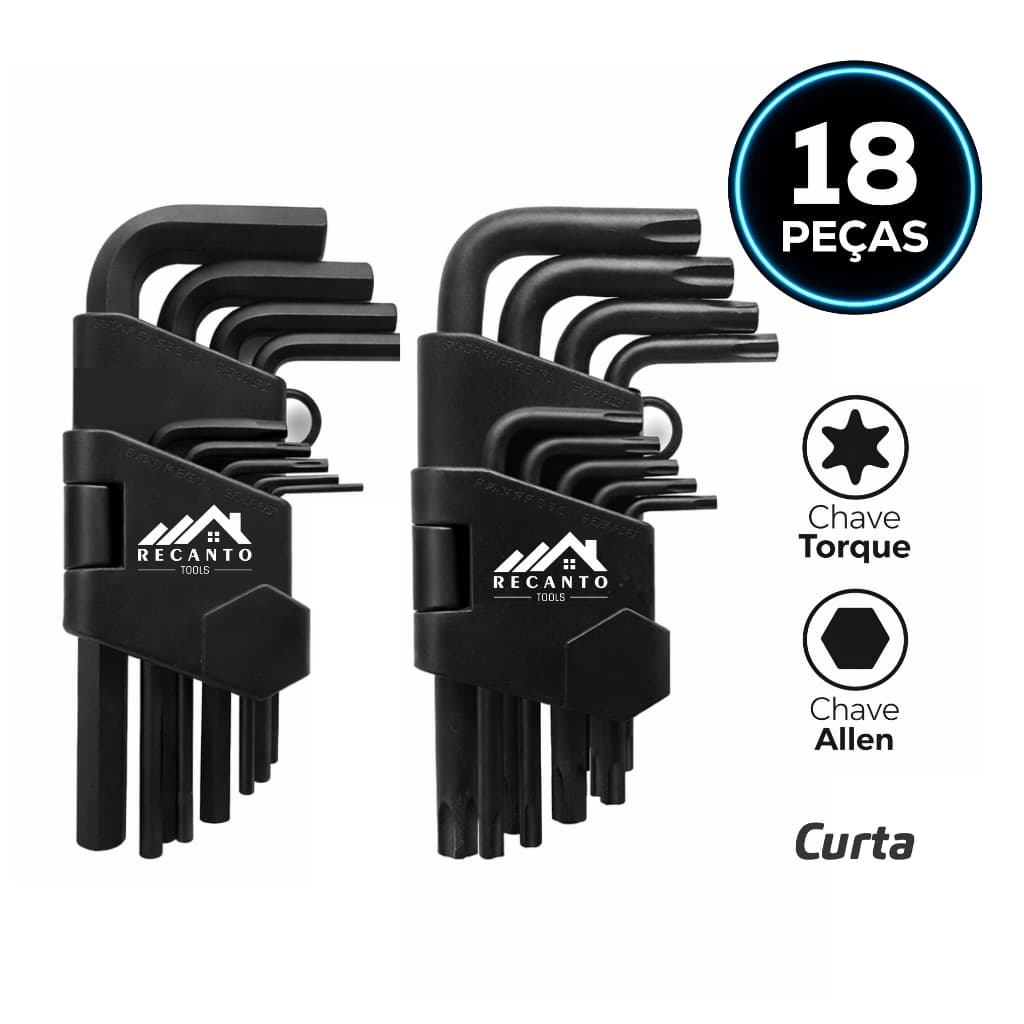 Jogo Chave Allen + Torx Curta 18 Peças CROMO VANADIUM | Kit Hexagonal 1,5 a 10mm e T10 a T50