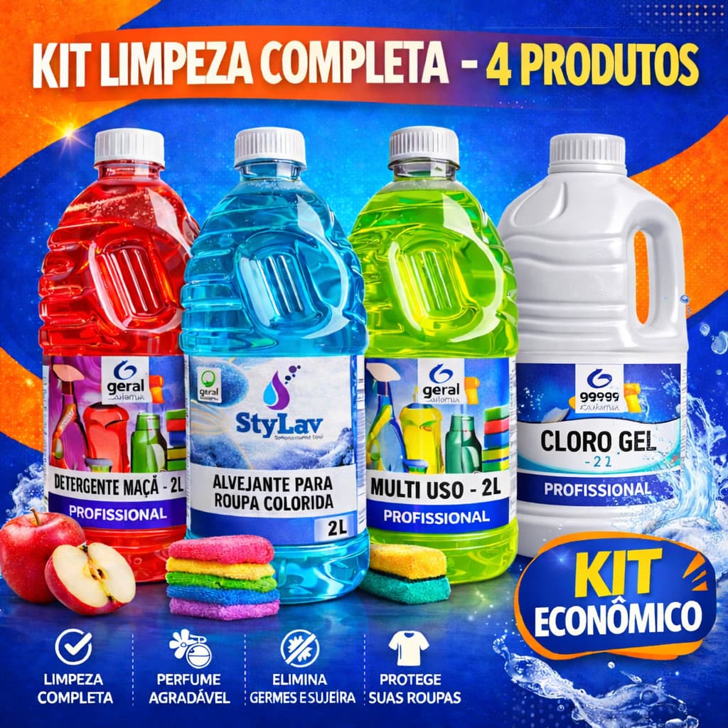 Kit Limpeza Completa 4 Produtos 2L –Detergente Maçã + Alvejante para Roupa Coloridas + Multiuso + Cloro Gel