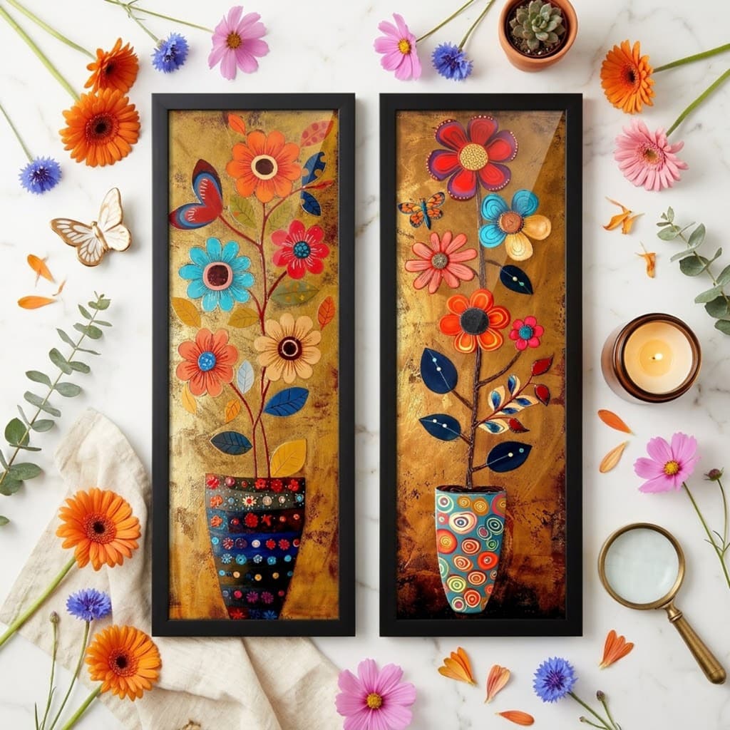 Kit 2 Quadros Decorativos 18x45 Vasos Flores Sala Quarto Casal Moldura Madeira e Vidro Arte lindo