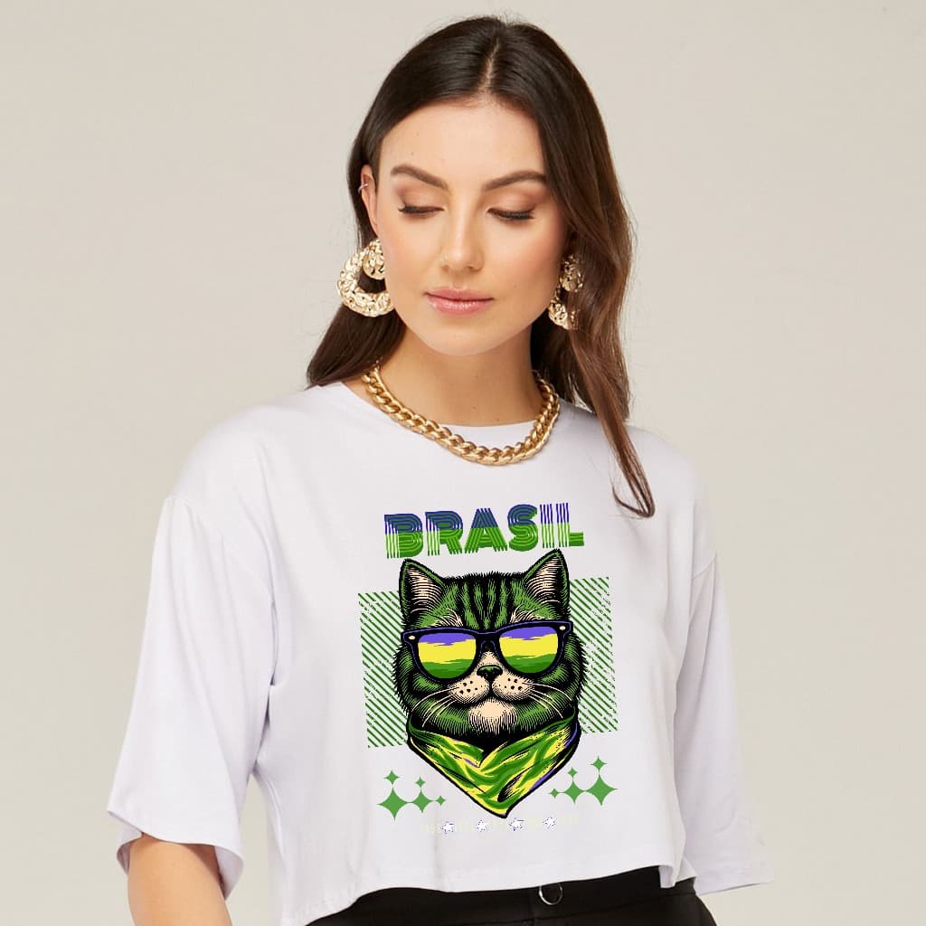 Cropped Oversize - Brasil Gato Copa de Óculos – Viscolycra Premium Estampa Divertida Streetwear