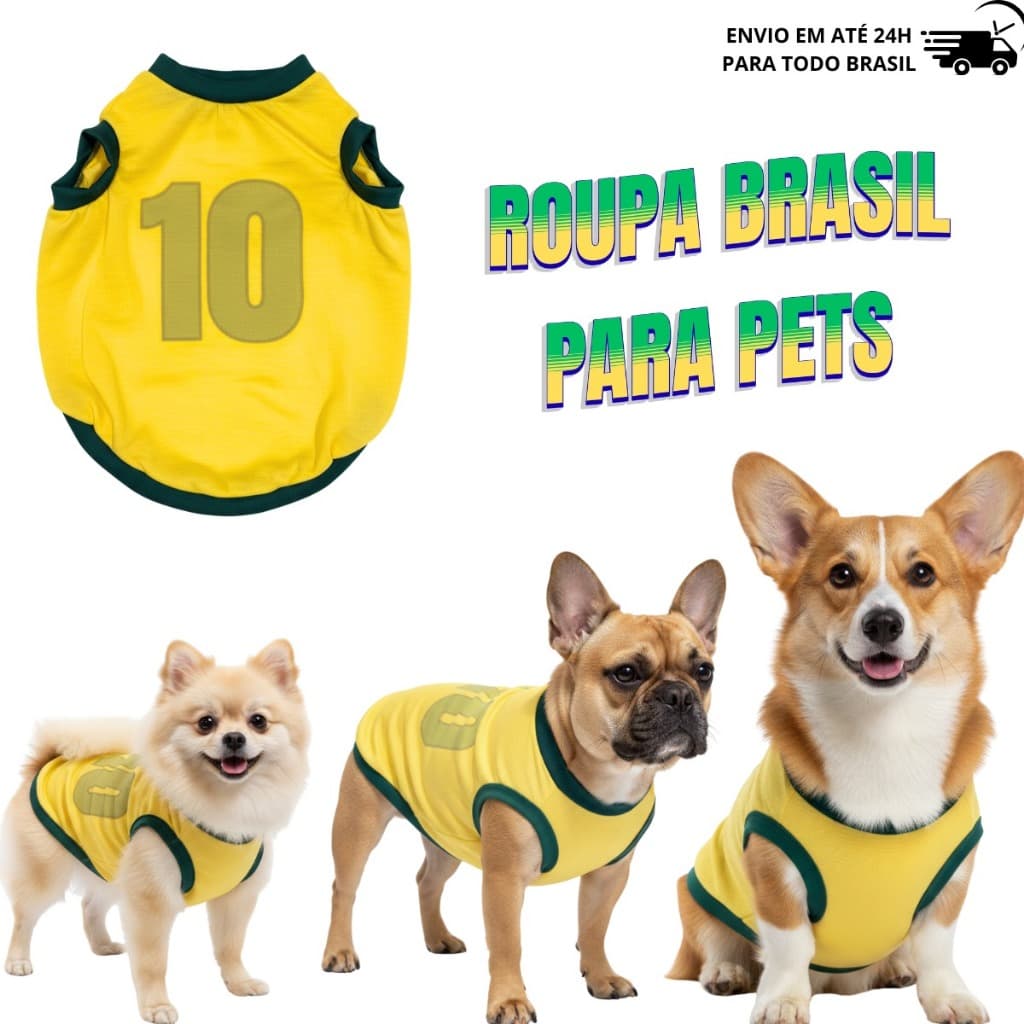 Roupinha Para Pet Brasil Copa do Mundo Cachorro Camisa Verde Amarela Azul Confortável Numeral 10