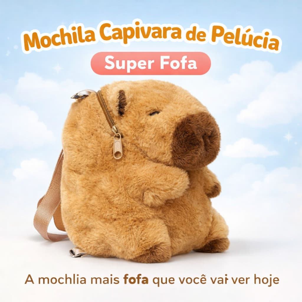 Mochila Capivara de Pelúcia Infantil Fofa Pequena Escolar com Zíper
