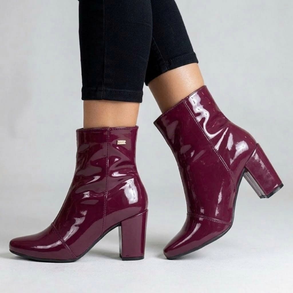 Bota Feminina  Bico Fino Verniz Luxo Salto Bloco Zíper Lateral Tendência Moda Ref. 20/125