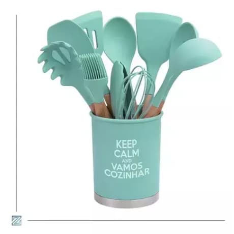 Kit Colheres Silicones 12 Peças Copo Suporte nas cores ROSA PRETO VERDE e VERMELHO