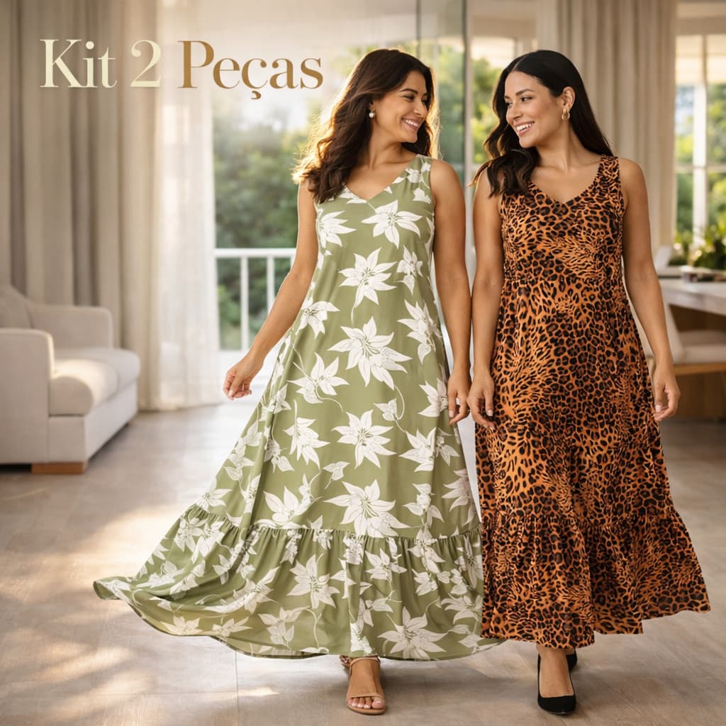 Kit Com 2 Vestido Longo Estampado Crepinho Feminino Bolso Leve Fresco Confortável