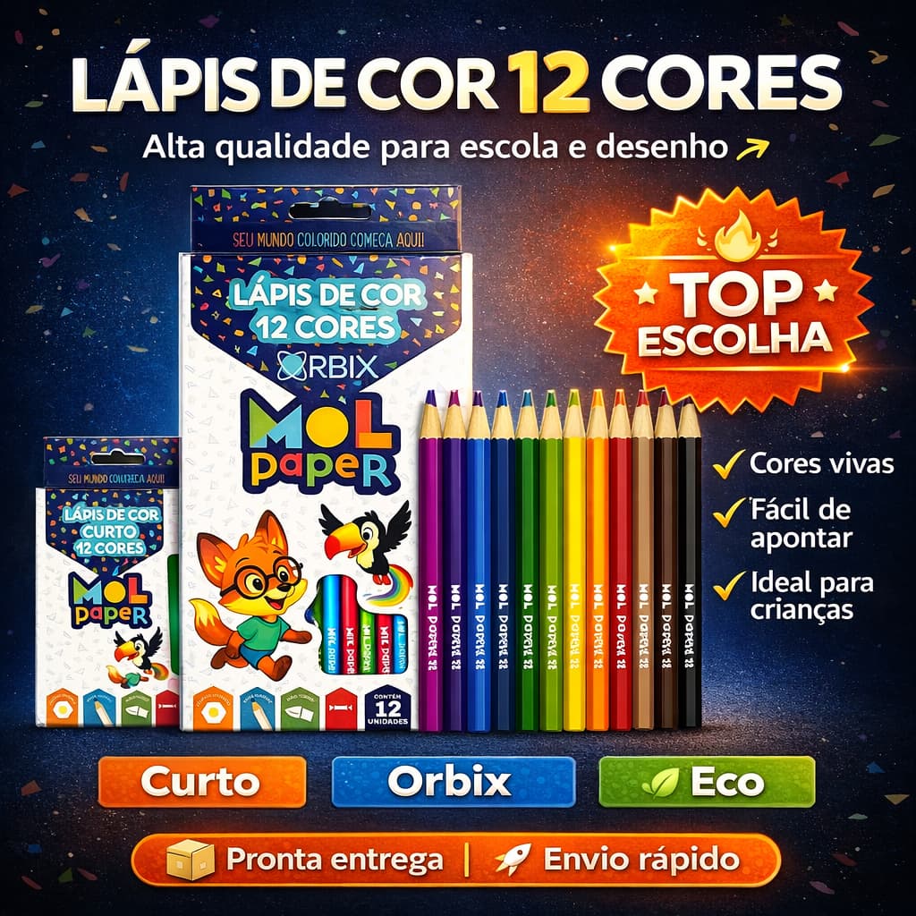 Lápis de Cor 12 Cores Mol Paper | Normal, Eco e Curto | Kit Escolar Infantil Colorido