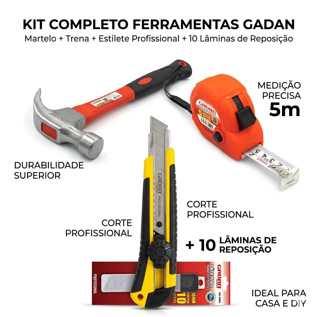 Kit Completo Ferramentas Casa Martelo Trena Estilete + 10 Lâminas Reparos DIY