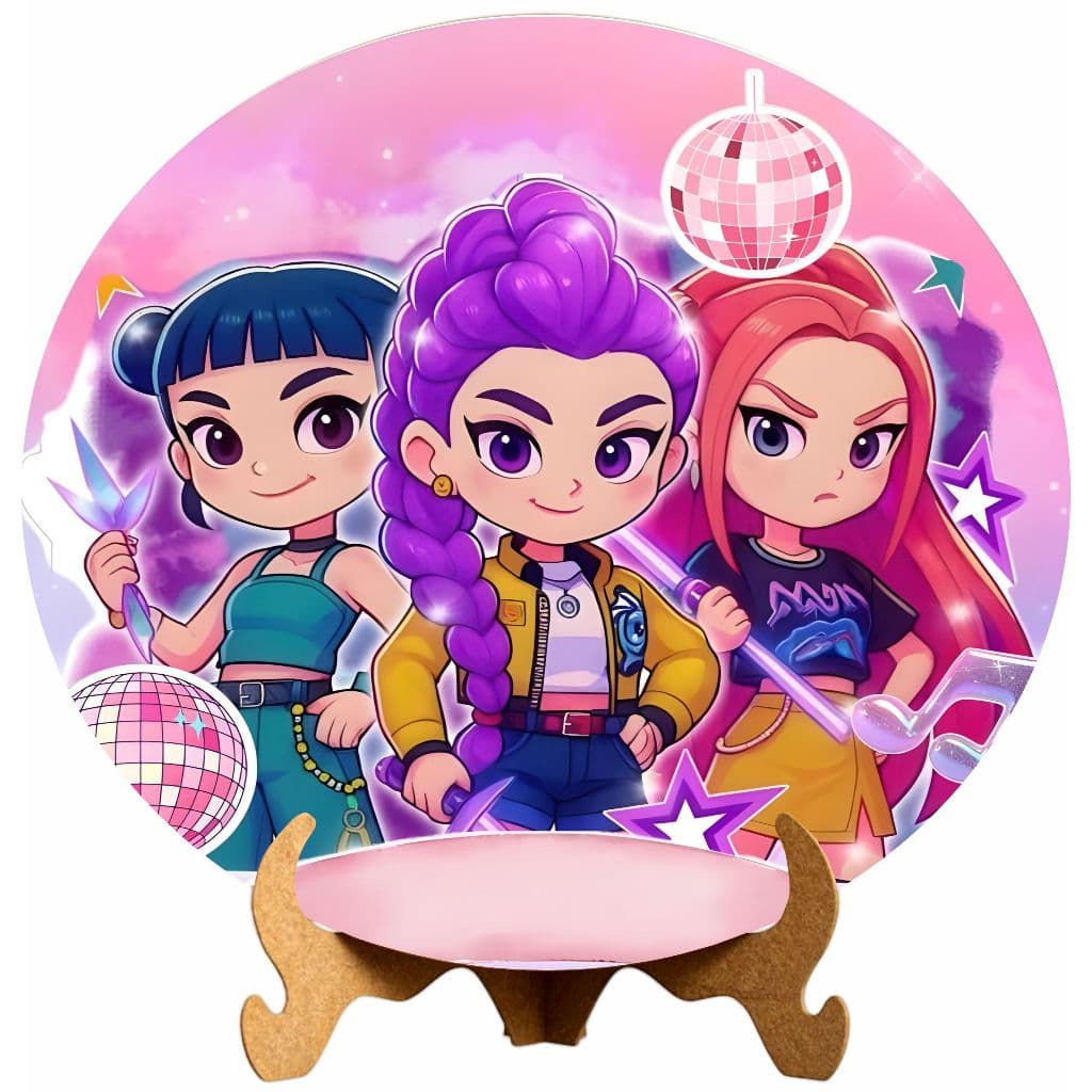 Mini Painel de Festa Redondo Guerreiras Kpop - Suporte Mdf + Capa Tecido 50cm Decoração de Mesa