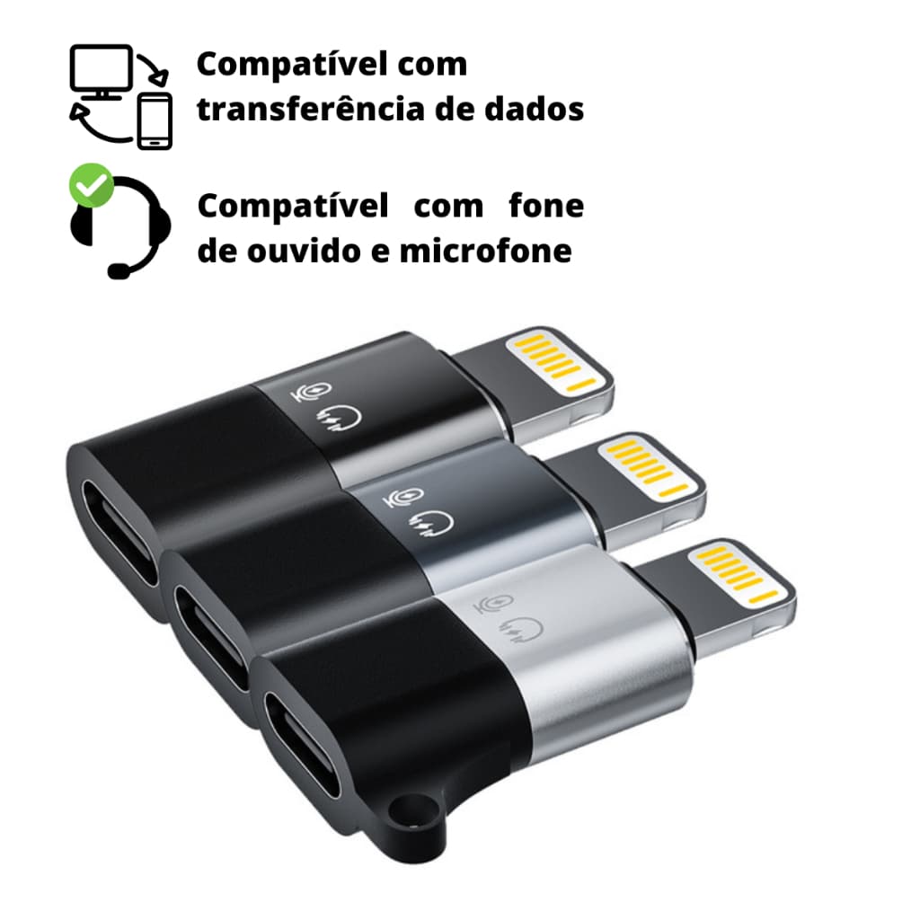 Adaptador USB-C Tipo C fêmea para Lightning Macho Compatível com iPhone iPad Fone de Ouvido Microfone Lapela Transferênc