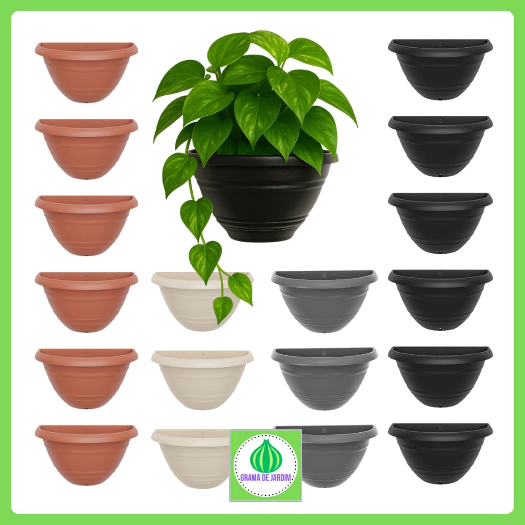 Kit 24 Vasos de Parede 1000 ml Preto Marrom Colorido Plástico Meia Lua Decoração Jardim Vertical