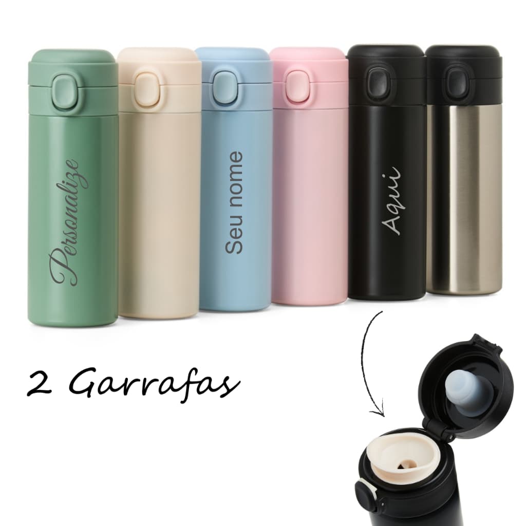 kit 2 Garrafas Térmicas 400 ml Inox parede dupla Personalizada Pequena para Bolsa com Trava
