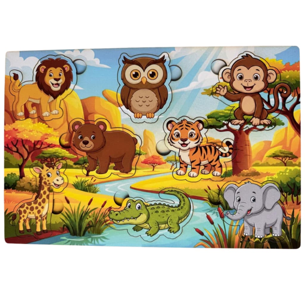 Tabuleiro Brinquedo Educativo Variações Temáticas Bilíngue com peças destacáveis Madeira Animais, Instrumentos, Frutas