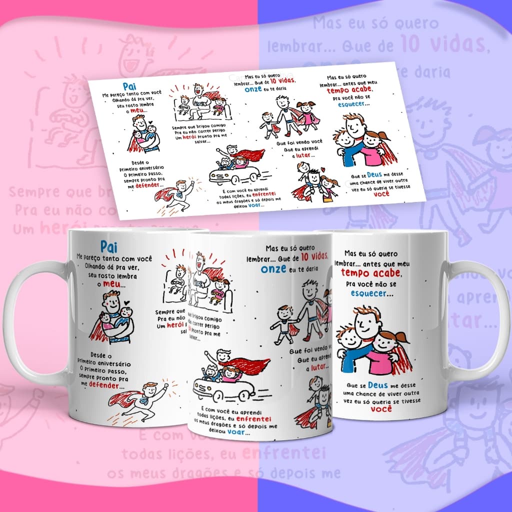 Caneca Xícara Dia dos Pais Homenagem Casal Filhos Herói História Pai Padrasto Presente Personalizada OFERTA RELÂMPAGO!
