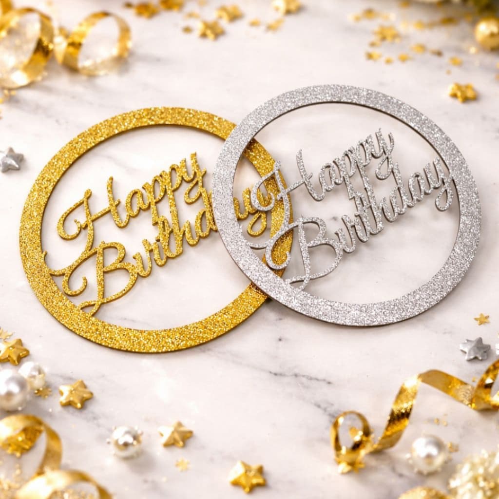 Kit Happy Birthday Prata e Dourado Aniversário 2 Unidades Decoração Mdf Brilhante