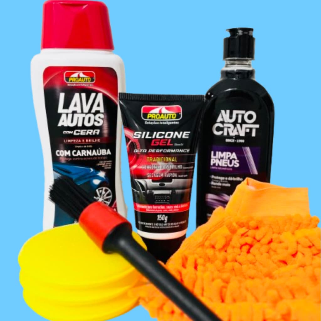 Kit Completo Proauto Lavagem Segura Lava Auto C/Cera Carnauba + Silicone Gel Perfumado + Pretinho Autocraft + Acessórios