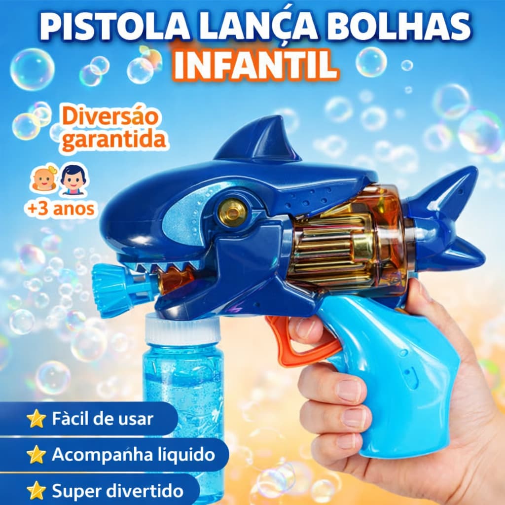 Pistola Lança Bolhas Infantil Manual  Brinquedo Bolhas Criança +3 Anos  Tubarão Dinossauro Peixinho Bubble Gun