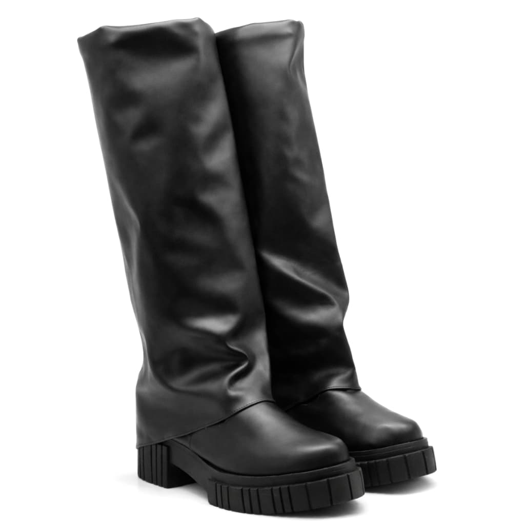 Bota Biker Capa Cano Longo Feminina Letícia Salto Baixo Bico Redondo Preta