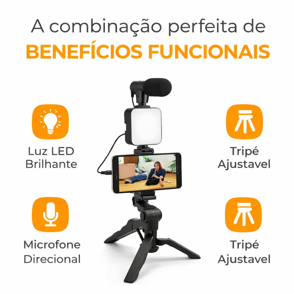 Tripé com LED para Celular com Microfone Kit Gravação Bastão Selfie Bluetooth BM 244 Profissional HD