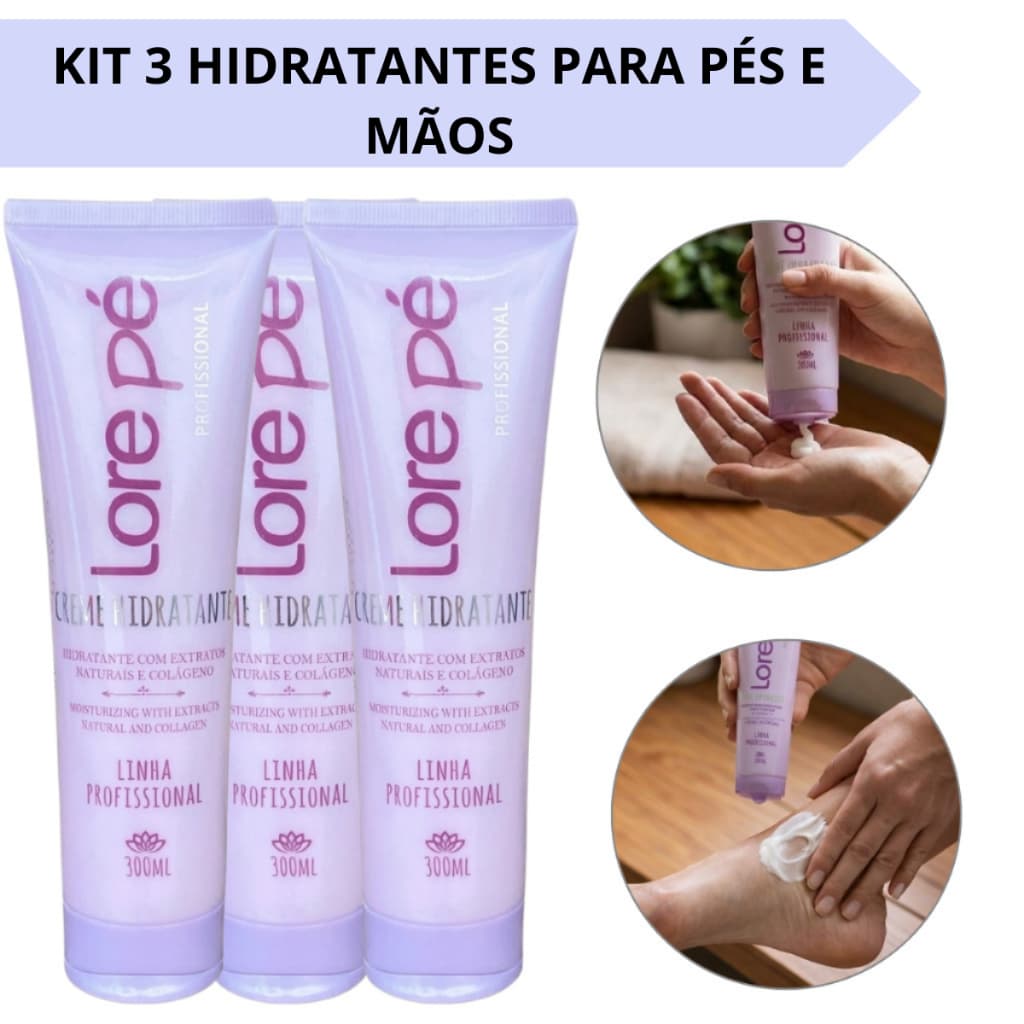 Creme Hidratante Para Pés E Mãos Com Colágeno 300ml Lore Pé Kit 3 Unidades