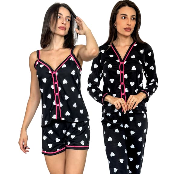 Kit Pijama de Alça e Longo Confortável Gola V Roupa de Dormir