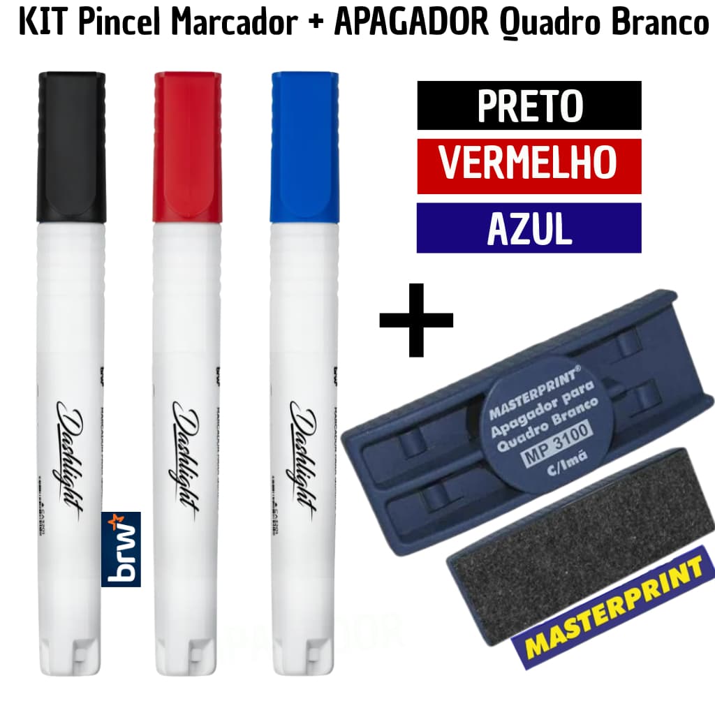 Kit Marcador Para Quadro Branco 3 Cores BRW + Apagador Masterprint Pincel Lousa Magnética Escolar