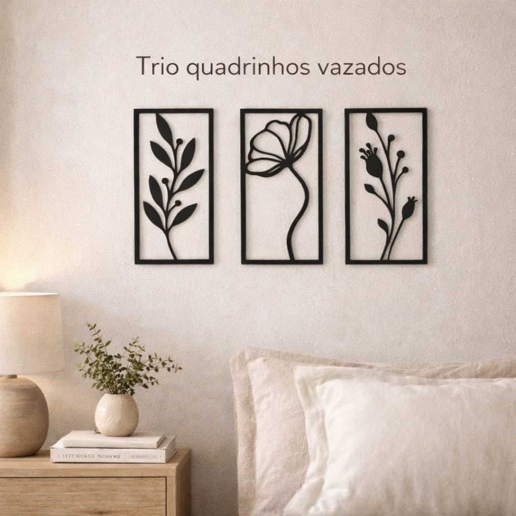Trio Quadro Decorativo Flores Mdf 3 mm Vazado Flores Preto Sala Quarto Presente Chá Casa Nova