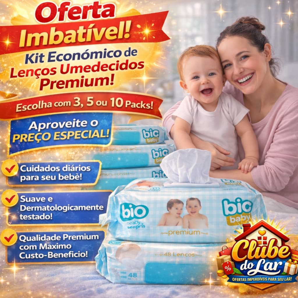 Kit Lenço Umedecido Big Baby Premium 300, 500 ou 1000 Unidades Suave, Dermatologicamente Testado