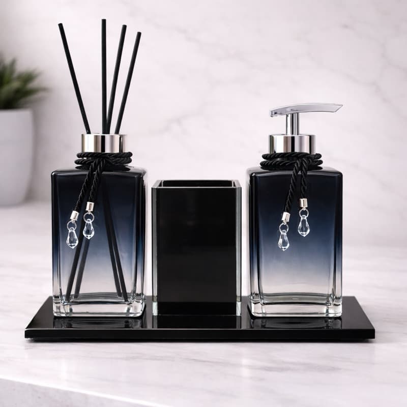 Kit Lavabo Luxo Sabonete Líquido C/ Porta Escovas e Aromatizante De Ambiente Bandeja