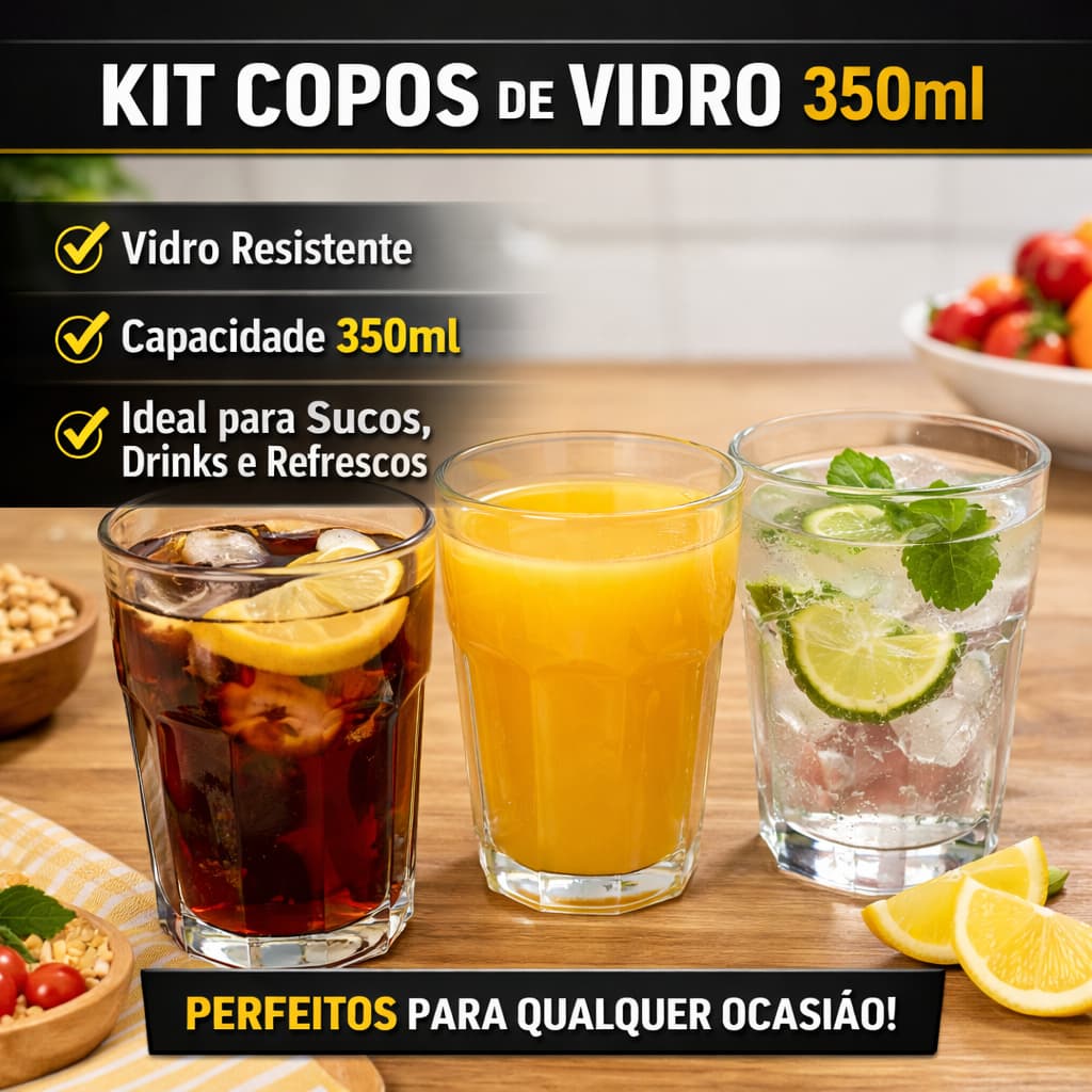 Kit Copos de Vidro 350ml – Transparente  3 Unidades  Ideal para Sucos, Drinks e Refrescos