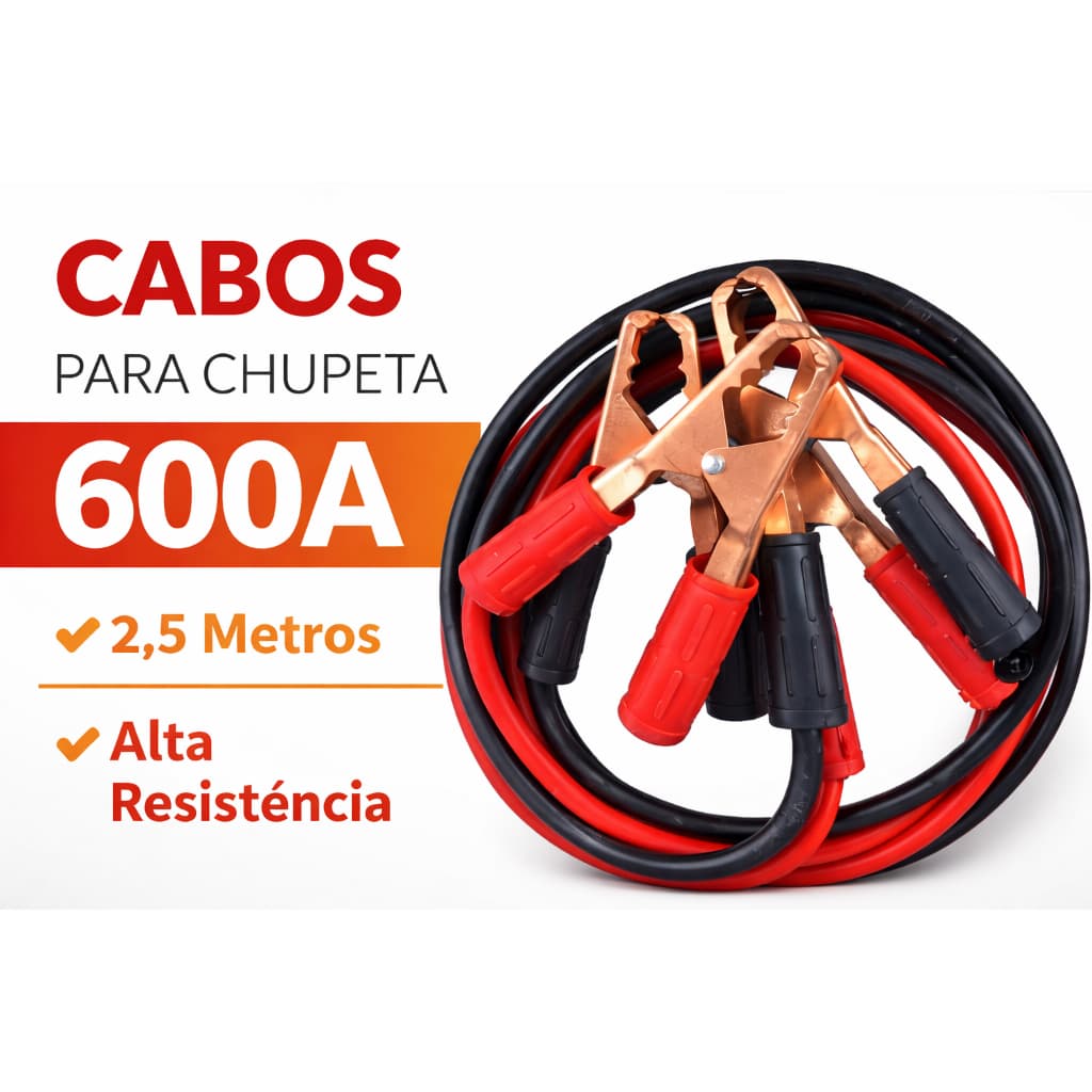 Kit 2 Cabos para Recarga de Bateria Automotiva 600A 2,5 Metros – Alta Potência, Segurança e Uso Emergencial