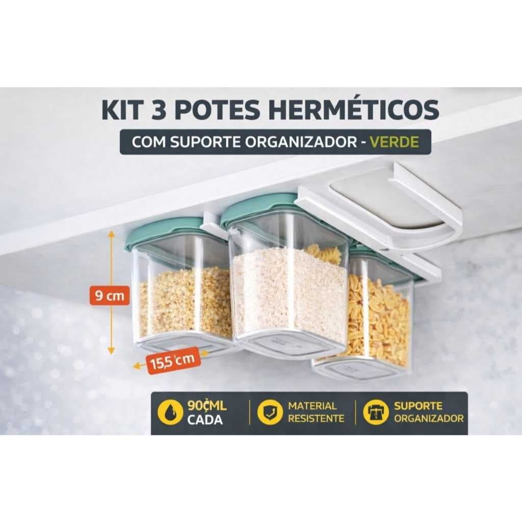 Kit 3 Potes Herméticos 900ml com Suporte Organizador – Vedação Forte e Economia de Espaço