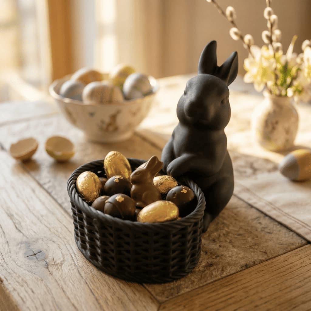 Coelho da Páscoa Decorativo com Cesta Porta Doces Balas Chocolates Enfeite de Mesa Decoração