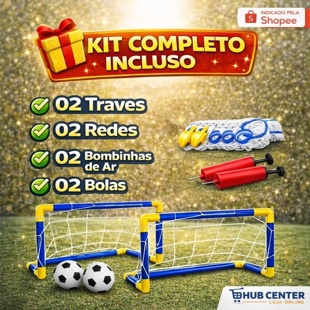 kit 2 Mini Traves + 2 Rede + 2 Bola + 2 Bomba de Encher / Golzinho Futebol Infantil