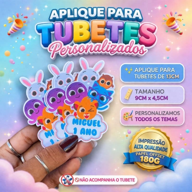 Aplique Tubete 13cm Personalizado Festa Infantil | Nome Idade | Papel Offset 180g | Decoração Aniversário Infantil