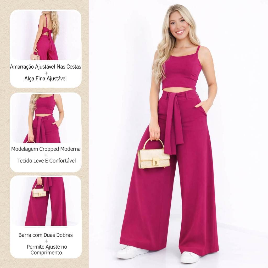 Conjunto Estilo Casual Chic Feminino Conjunto Pantalona Longa Cropped Elegante