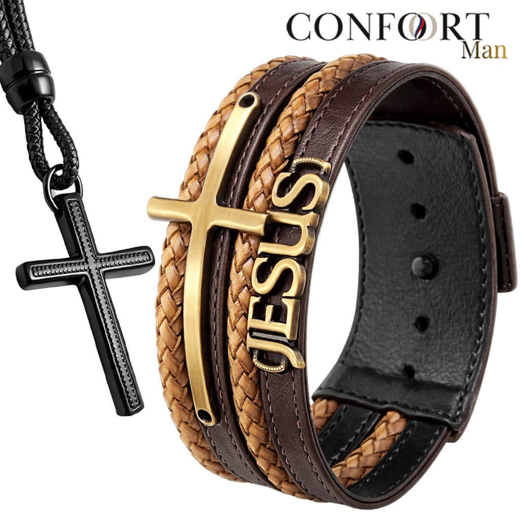 Kit Pulseira de Couro Masculina Jesus Cruz + Colar Cruz Ajustável - Várias Opções e Modelos