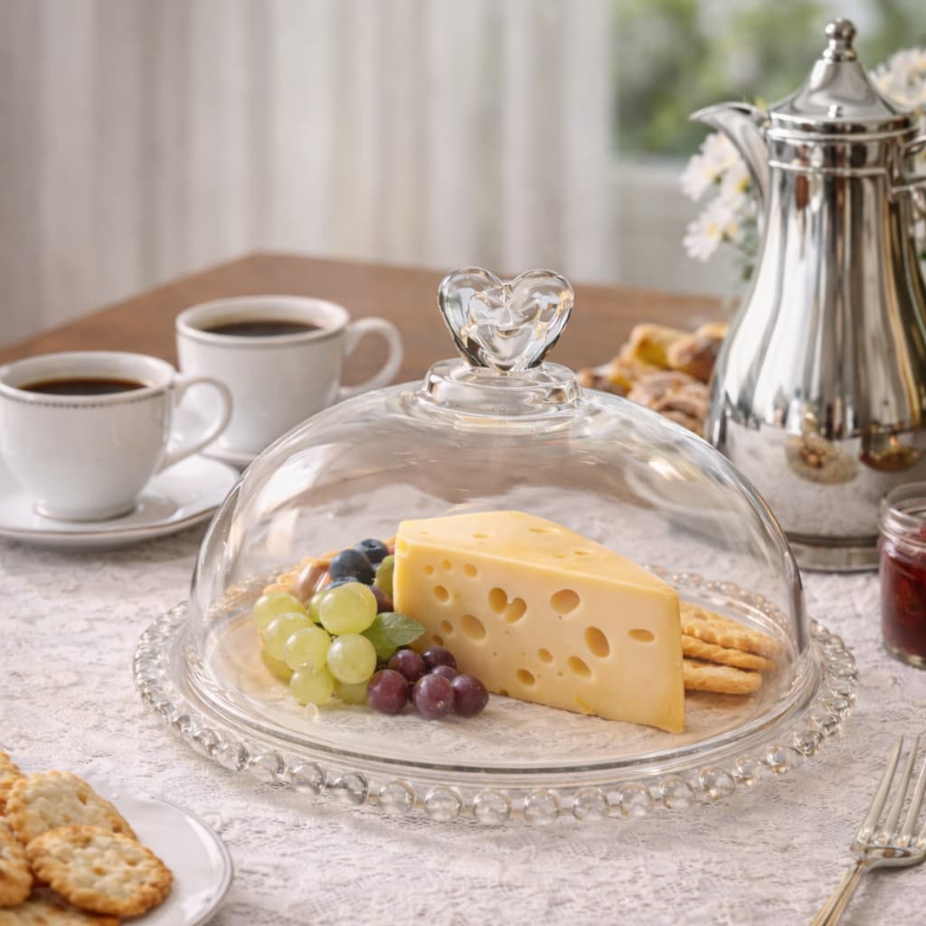 Queijeira Redonda com Tampa de Vidro Cristal Coração - Porta Queijo Decorativa Mesa Posta e Frios