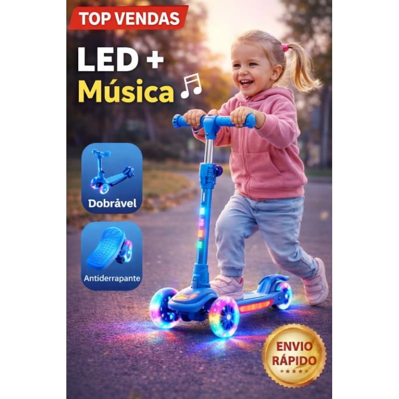 Patinete Infantil 3 Rodas LED + Música | Dobrável Seguro Antiderrapante | Oferta Limitada