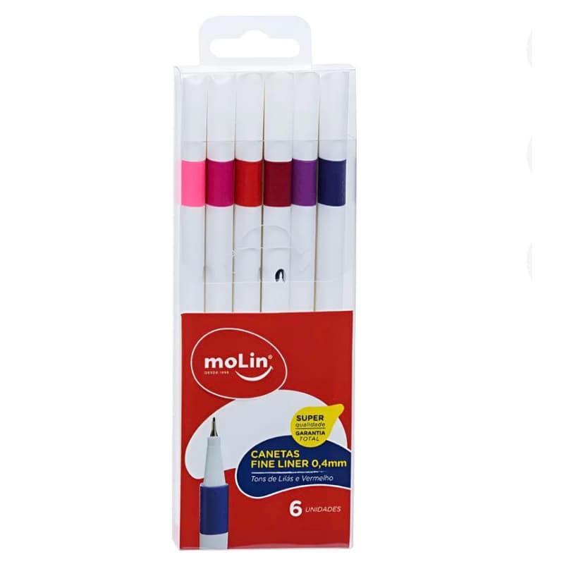 Kit Caneta Fine Liner Molin 0.4mm Tons Lilás e Vermelho 6 Cores Ponta Fina Estudo Lettering Bullet Journal