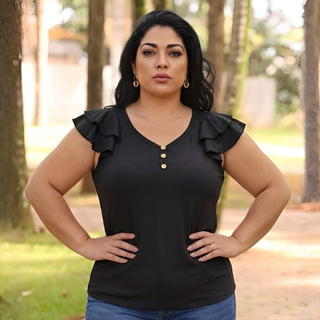 Blusa Feminina Plus Size Regata Elegante Diferente Babado Detalhe Decote V Básica Ombro Casual Estilosa Verão Malha Moda