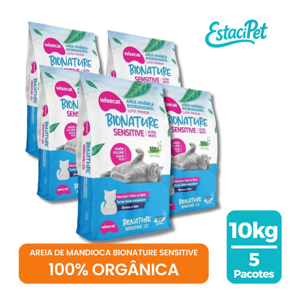 Areia De Mandioca Para Gatos Wisecat Bionature Sensitive Grãos Finos 2kg - Kit 5 Unid