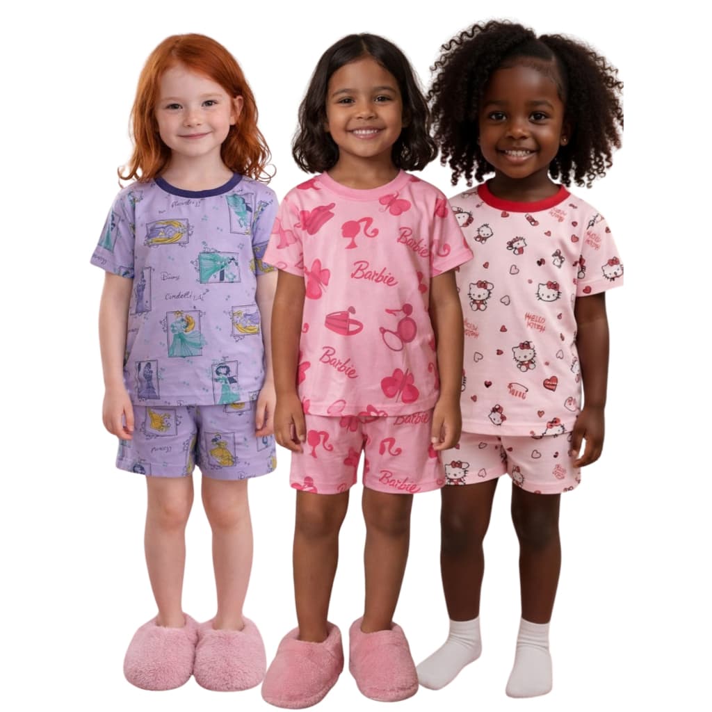 kit 3 Pijama Infantil Shorts e Camiseta Menino Menina Malha Fria PV Premium Estampa Sortida