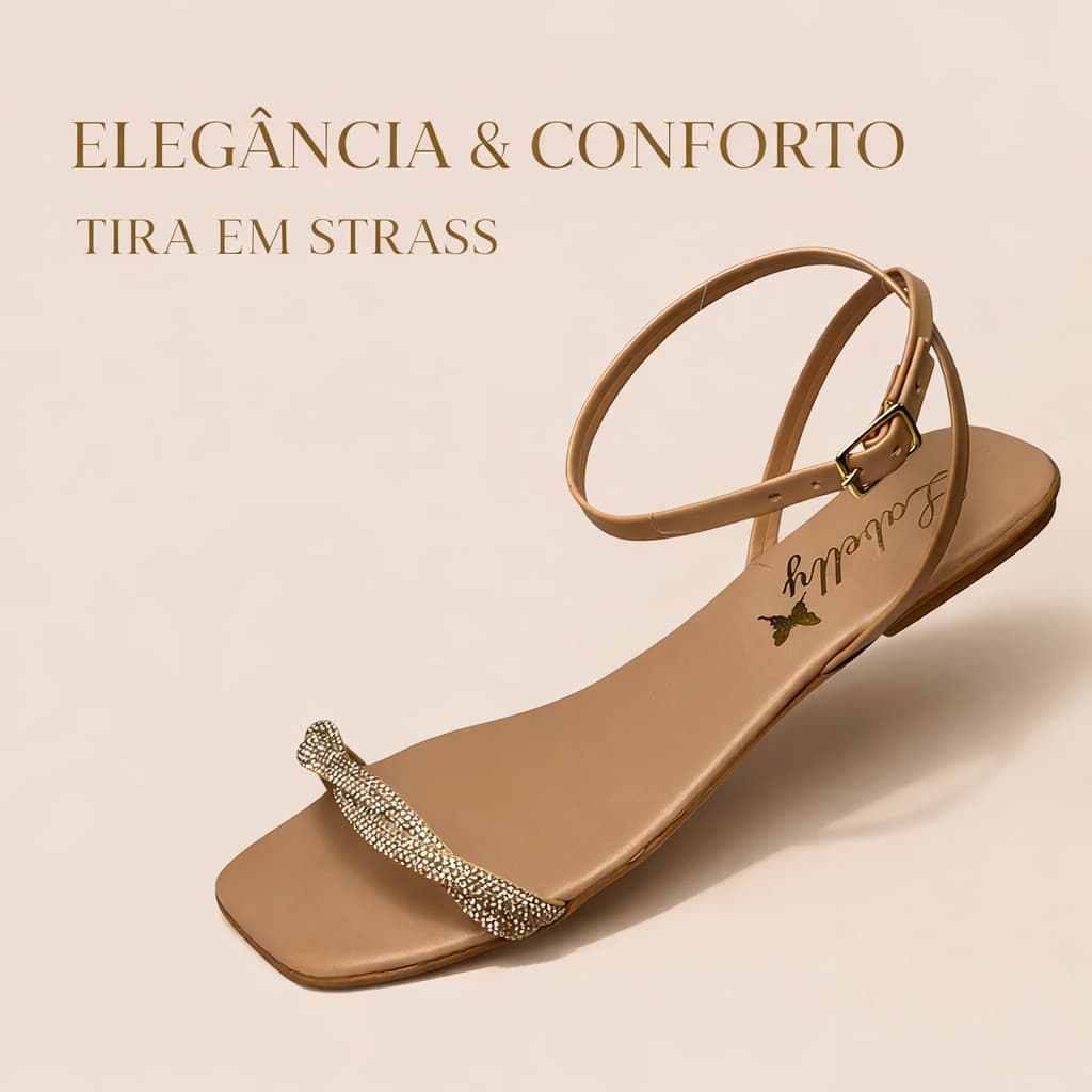 Sandália Rasteira Feminina Strass Luxo Elegante Tira Brilho Casual Confortável Festa | Labelly