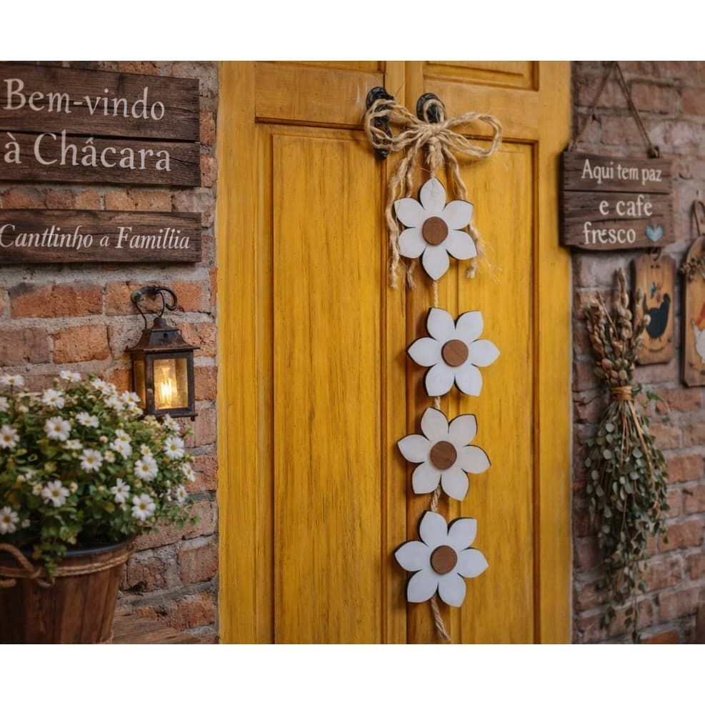 Margarida Flor em MDF Penca 4 Flores Brancas Decoração Parede Festa Quarto Casa Com Sisal