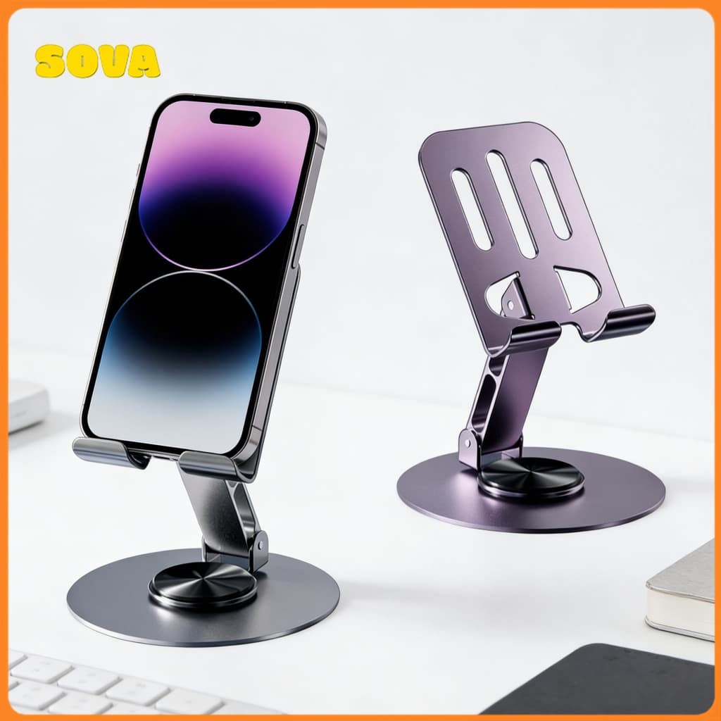 Suporte Metal de Mesa Base Rotatória Ajustável 360º Para Smartphones e Tablets